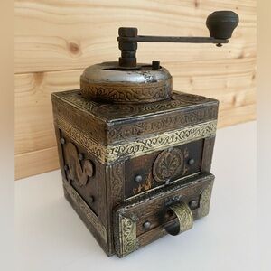 Moroccan Coffee Grinder Vintage Hand Crank Ornate Brass Metal & Wood Boho Decor